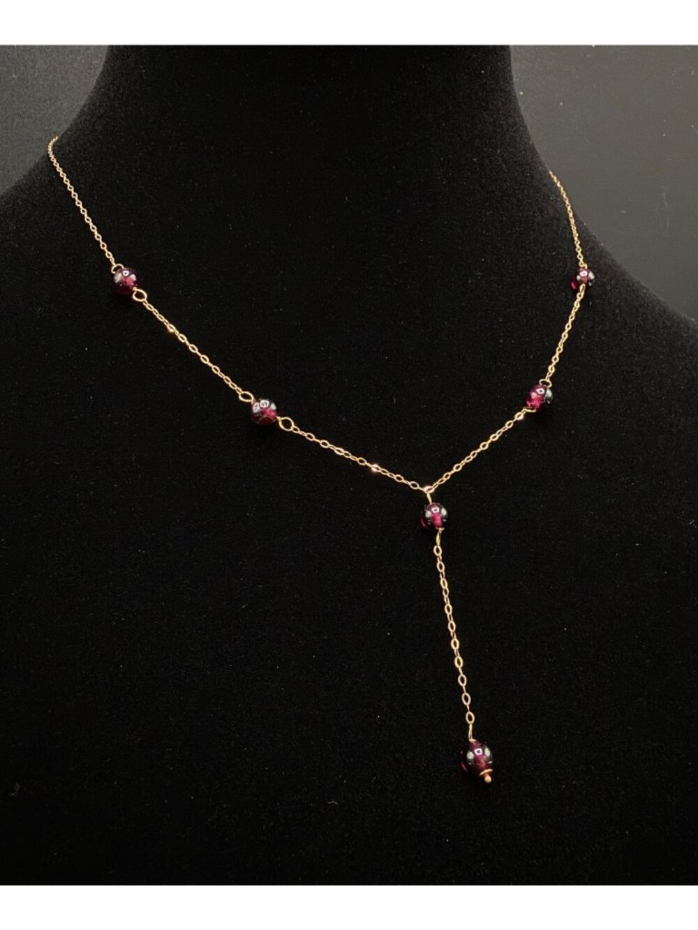Vintage 14K Solid Gold Y-Shaped Necklace With Natural Garnet Beads